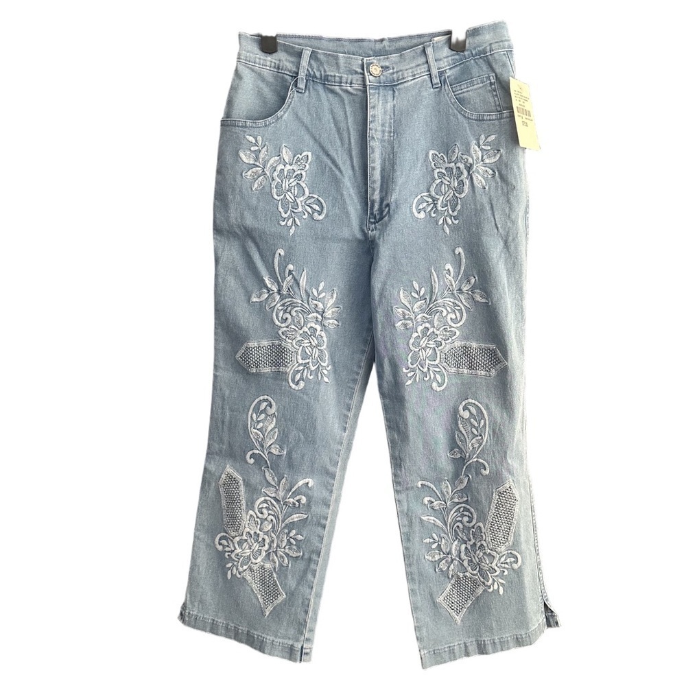 Lafeinier Embroidered Floral Blue Denim Chambra Women's Cropped Flood Jeans Sz M